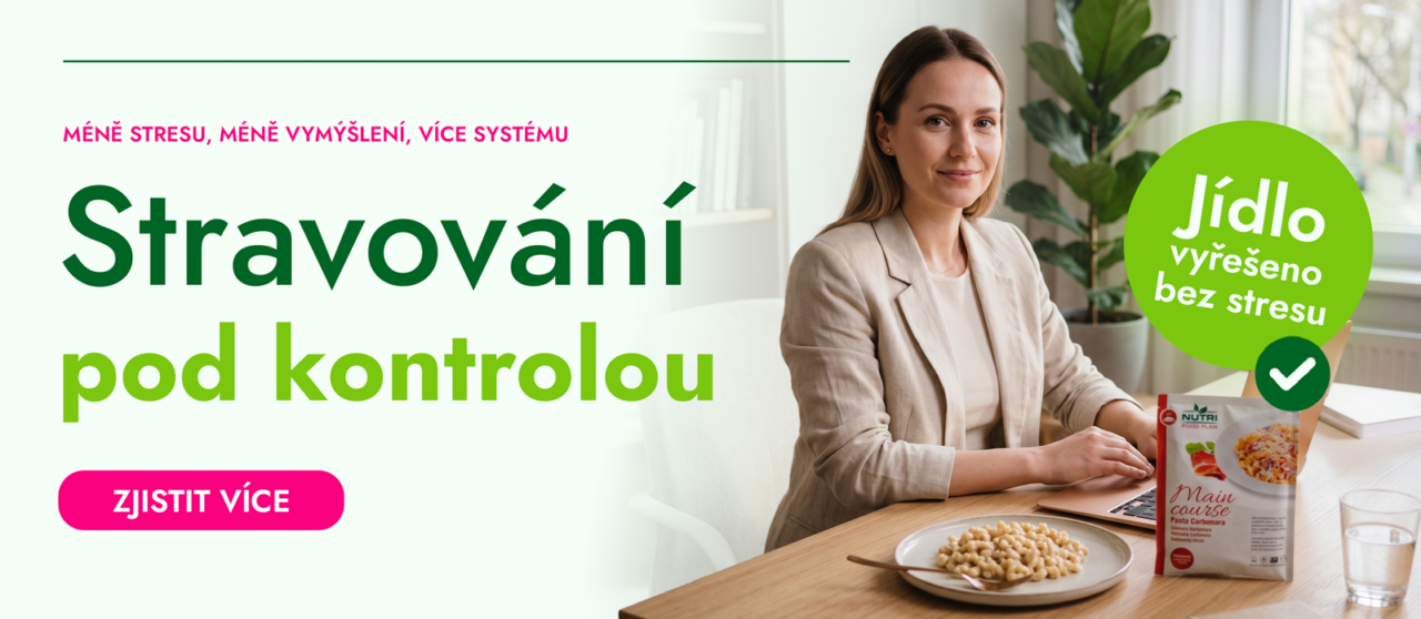 Žena u stolu s miskou oříšků a balíčkem jídla; reklamní banner s velkým zeleným textem «Stravování pod kontrolou» a kruhovou ikonou «Jídlo vyřešeno bez stresu».